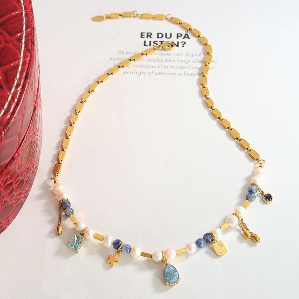 Gold-tone stainless steel necklace adorned with beautiful combined gems